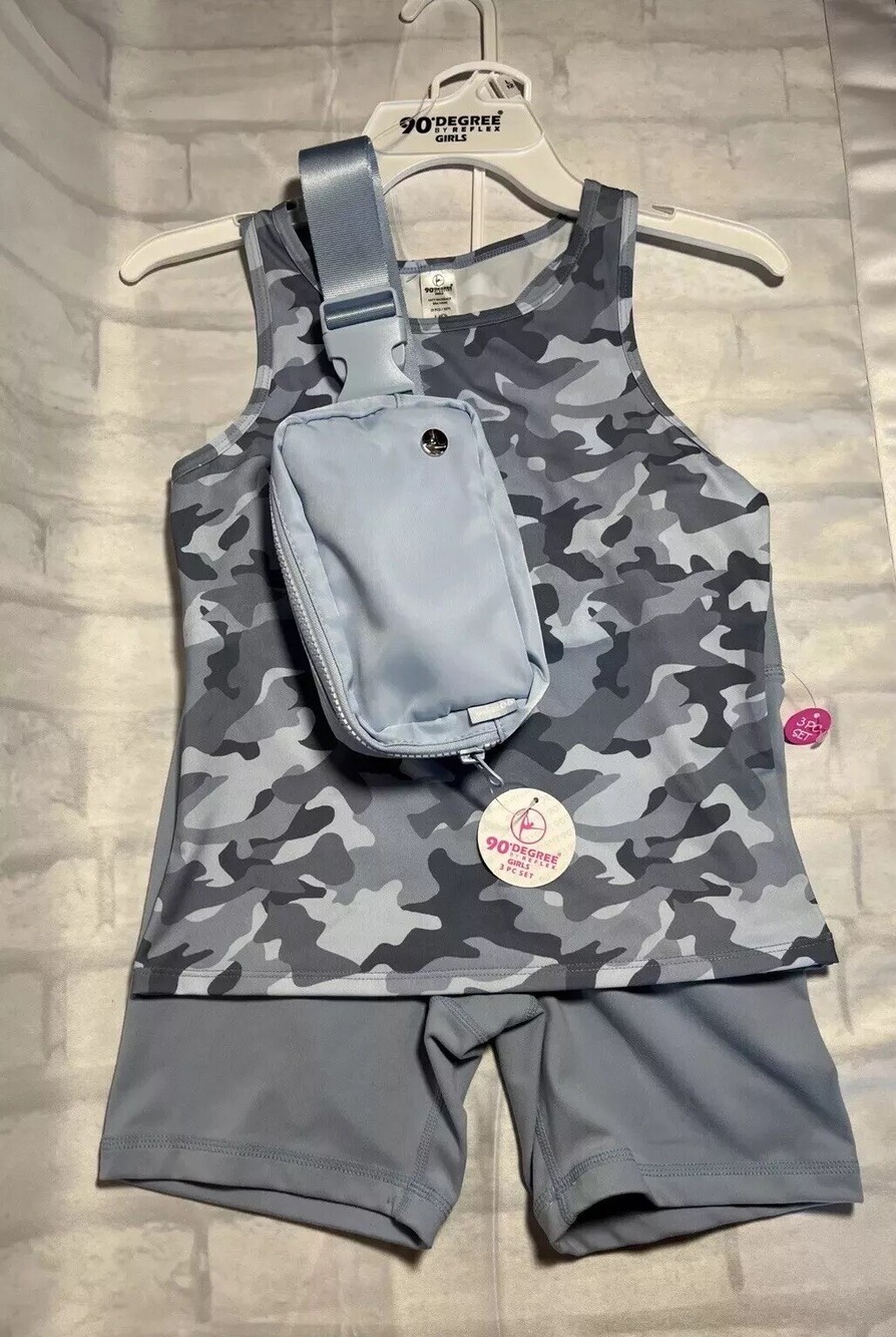 90 Degree By Reflex Activewear Set Girls 12 Blue Camo Tank Shorts Bag 3 Piece
